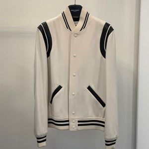 Saint Laurent Teddy Jacket in Cream Wool with Black Leather Trim